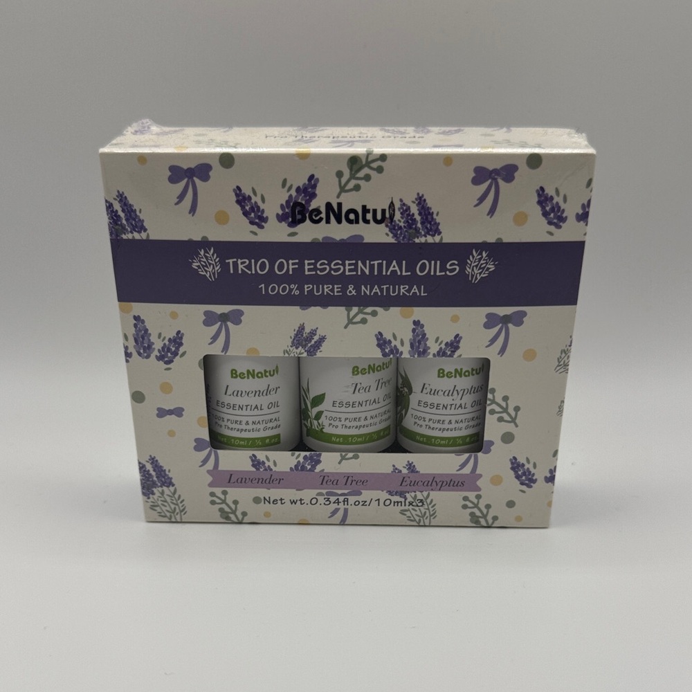 BeNatu Trio of Essential Oils Set - Lavender , Tea Tree & Eucalyptus, 0.34 oz ea
